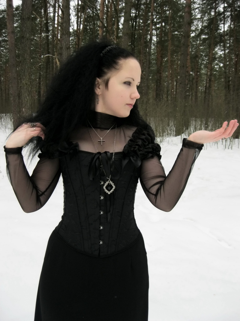 black, only women, young Adult, hairstyle, portrait, long, dress, leisure activity, sleeve, black square, forest, beautiful woman, outdoors, caucasian Ethnicity