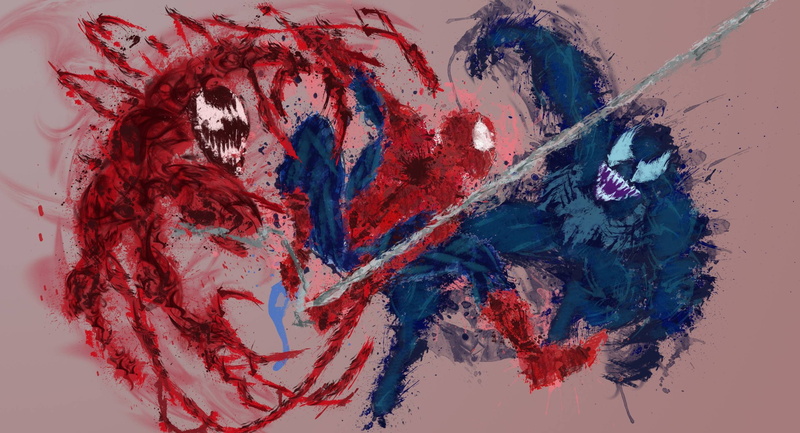 no people, blue, craft, indoors, paintings, dirty, carnage, art and craft, spiderman, full frame, pattern, 2K, hd, red, multi colored, paint, venom, acrylic painting