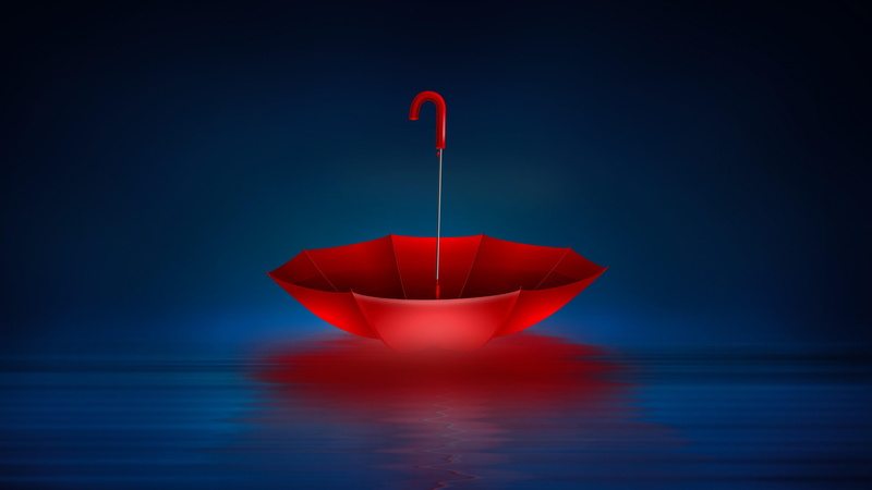 water, darkness, blue, red, red umbrella, calm, upside down, still life, umbrella, digital art, dark, reflection, 4K