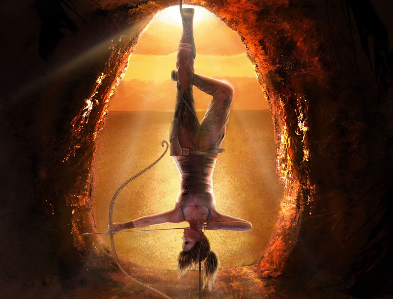 rope, girl, 2K, upside down, hanging, Tomb raider, art. the game, bow, Lara Croft