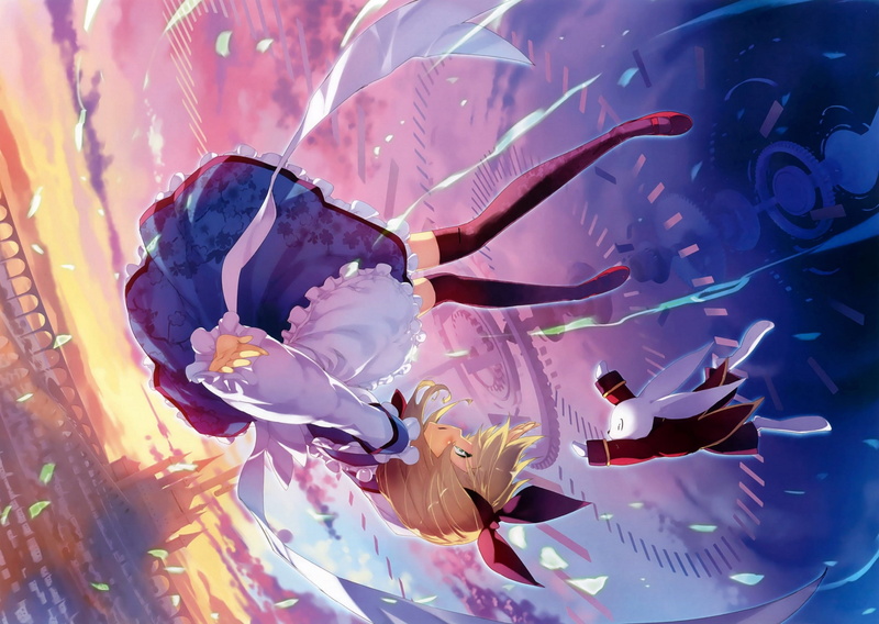 stockings, flight, ueda ryou, 2K, white rabbit, castle, upside down, art, alice, pink sky, Alice in Wonderland, apron