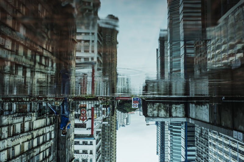 reflection, transportation, built structure, sky, building, skyscraper, no people, residential district, mode of transportation, upside down, city, travel destinations