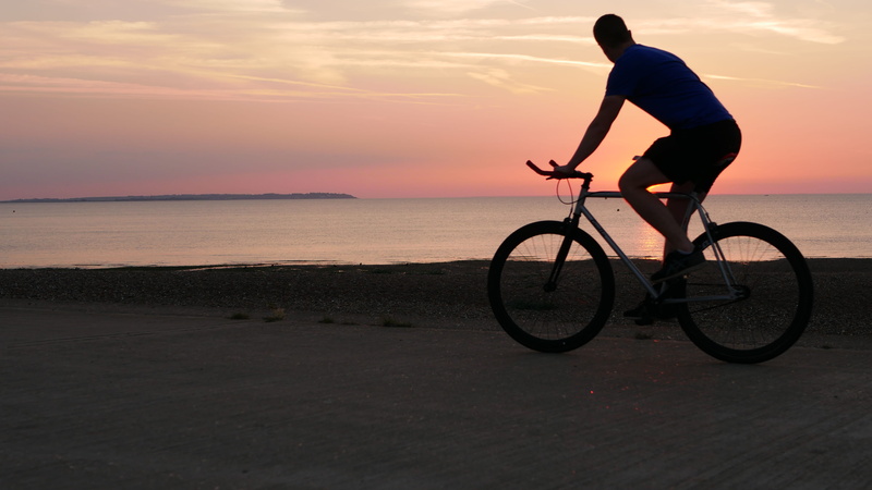 beach, scenics - nature, bike, water, united kingdom, bike ride, real people, whitstable, riding, sunset, sky, transportation, cycle ride, land, bicycle