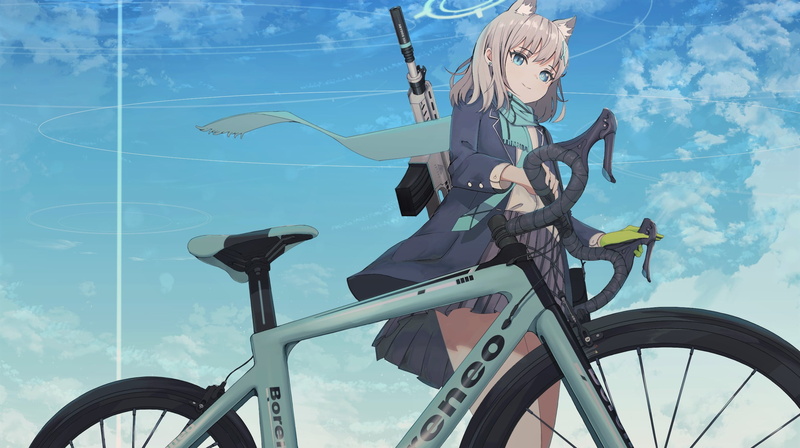 blue archive, Shiroko (Blue Archive), cat girl, bycicle, anime girls, anime, gun, 1080P