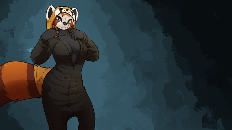 furry, 2K, animal ears, tail, dark background, plain background, women, feretta, red panda