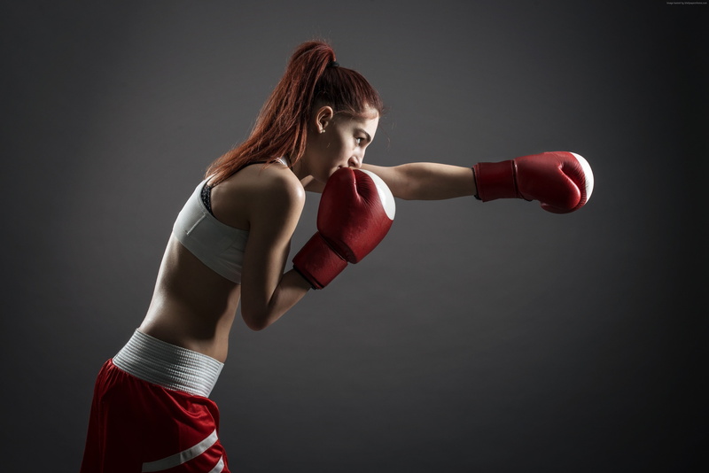 boxing - sport, women, sports training, 4K, girl, 4K, black background, studio shot, red, exercising, young women, athlete, punching, Boxing gloves, hairstyle