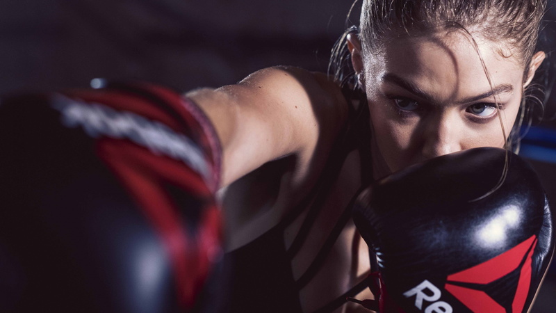 red, wearing, reebok, boxing, gloves, black, 5K, woman, Most popular celebs, Gigi Hadid