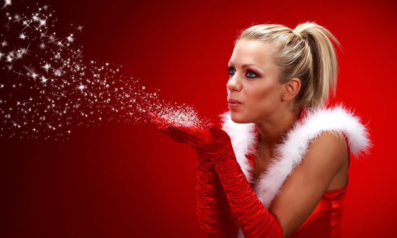 beauty, red background, white, contemplation, hairstyle, red, young women, one person, holiday, background, santa, portrait, adult, girl, clothing, mood