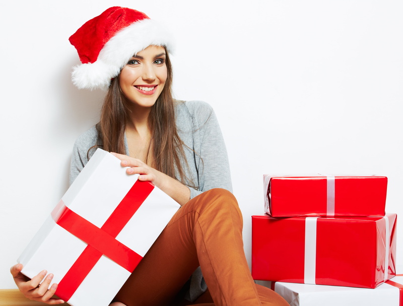 New Year, beautiful woman, women, brown, 5K, gray, santa hat, holiday - event, gift, long, celebration, s, box, gifts, cap, red, positive emotion, young adult