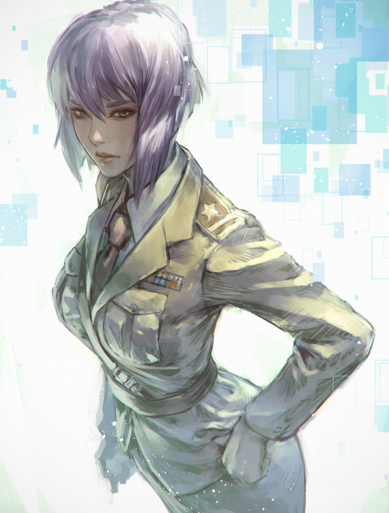 fan art, Military Uniform, anime girls, tie, looking at viewer, painting, Ghost in the Shell, purple hair, artwork, 720P, 2D, digital painting, Kusanagi Motoko