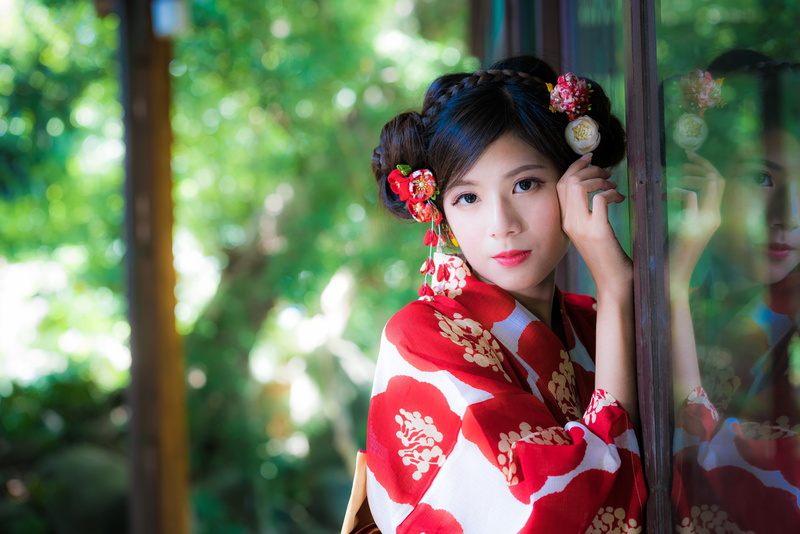lipstick, 4K, eyes, asian, reflection, hair, brown, model, kimono, field, woman, girl, depth, black
