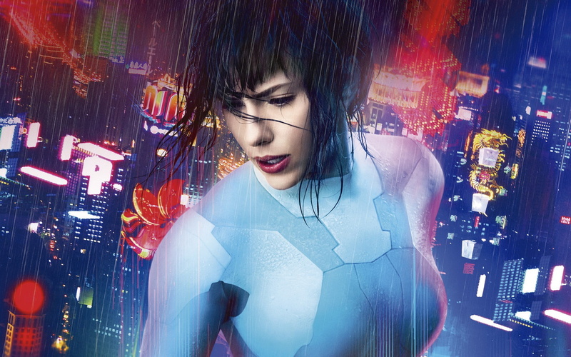 oppai, mecha, night, Ghost In The Shell, movie, pose, Major, Scarlett Johansson, brunette, suit, dragon, city, cinema, rain, film, 1080P