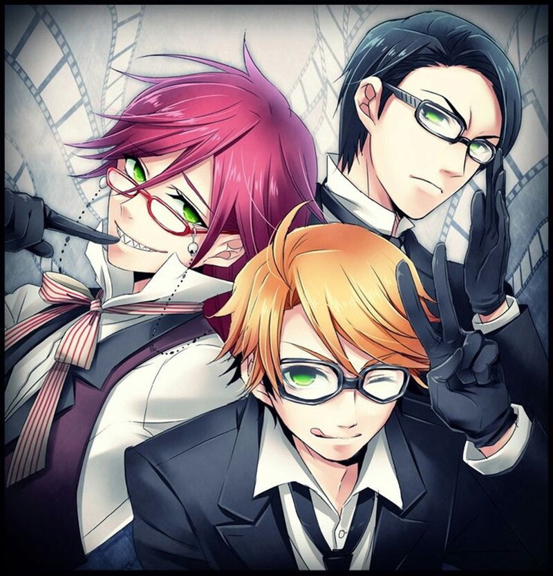 Sutcliff Grell, glasses, human body part, anime, lifestyles, Black Butler, indoors, smiling, females, men, looking at camera, auto post production filter