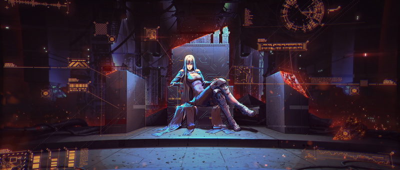 cybergirl, throne, technology, tech, cyber, cyberpunk, 4K