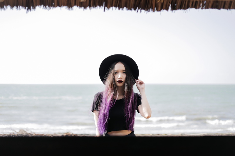purple hair, outdoors, lace, sea, makeup, leisure activity, standing, horizon over water, lifestyles, one person, young adult, real people, photography