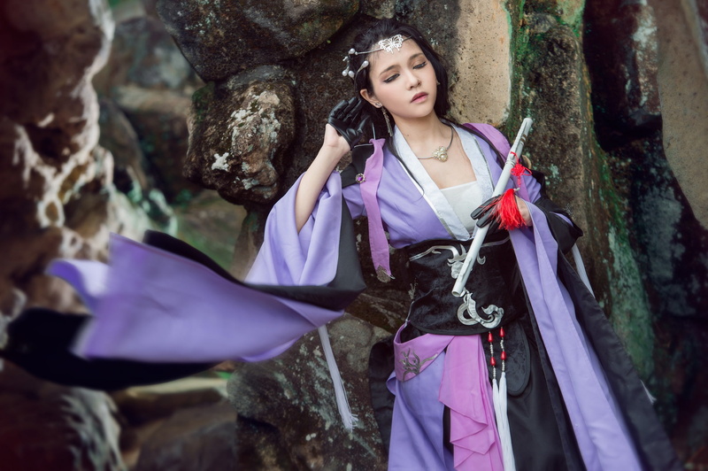 cosplay, fabric, brunette, purple, kimono, look, stones, costume, stone, the wind, hands, the dark background, decoration, image, gloves, lilac, style