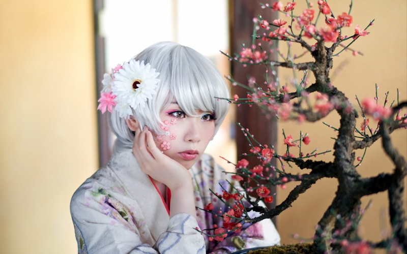 women, 1080P, Asian, Hair, purple, White, Girl, kimono, outfit, s