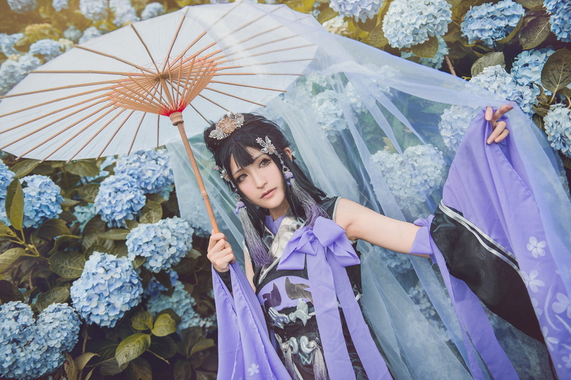 fabric, summer, blue, flowering, cosplay, outfit, bow, image, hands, decoration, portrait, girl, dress, style, umbrella, garden, Asian, pose, 1080P, face