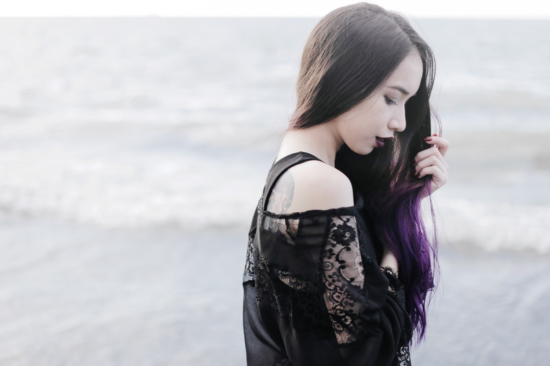 black lipstick, model, black outfits, photography, purple hair, black, 5K, fashion, beach, makeup, lace, women outdoors