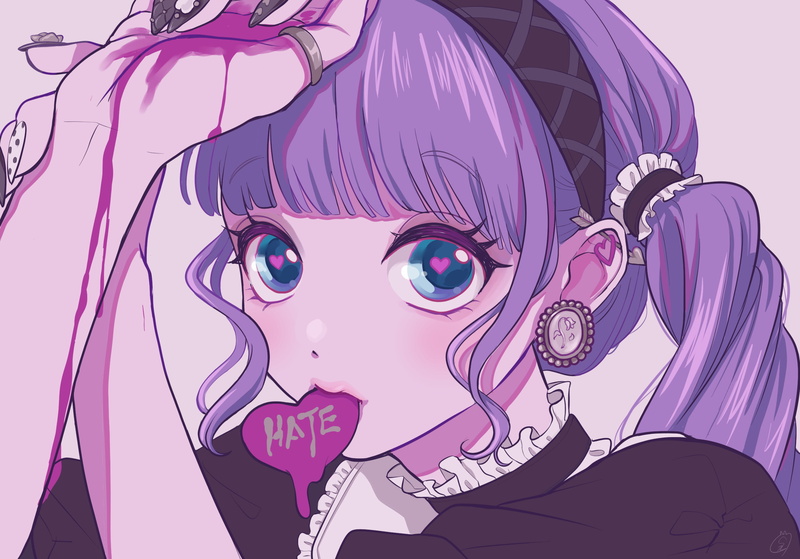 blood, piercing, anime, Yami kawaii, black nails, scrunchy, purple hair, looking at viewer, rings, maid outfit, long nails, blue eyes, white background