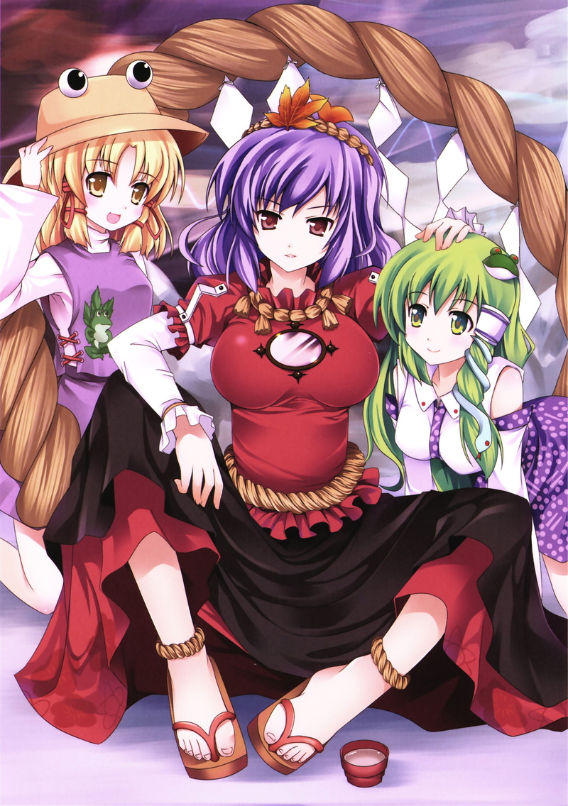 maiden, blondes, red, moriya, yellow, long, suwako, girls, sanae, shrine, vertical, shimenawa, sleev, eyes, anime, hair, ponytails, purple, skirts, skyscapes