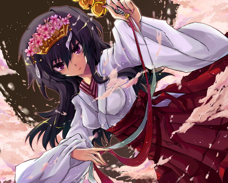 Black Hair, Original, Anime, Purple Eyes, Miko Outfit, 1080P