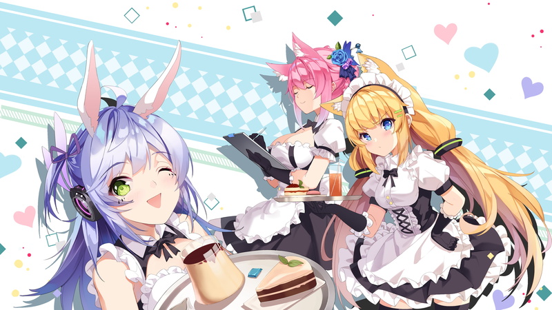 anime girls, blonde, smiling, 4K, maid outfit, pink hair, long hair, purple hair, blue eyes, animal ears, nekomimi, green eyes, headphones, hair ornament