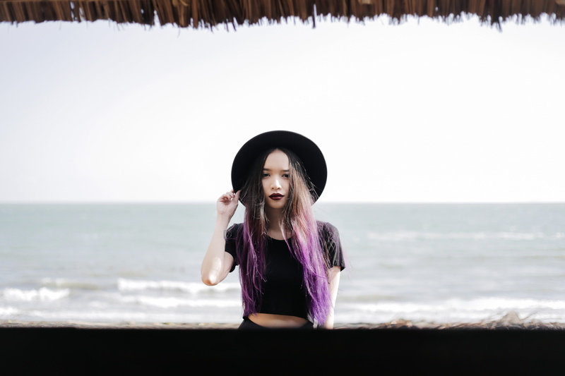 women outdoors purple hair black lipstick model beach black black outfits lace fashion makeup photography, 5K