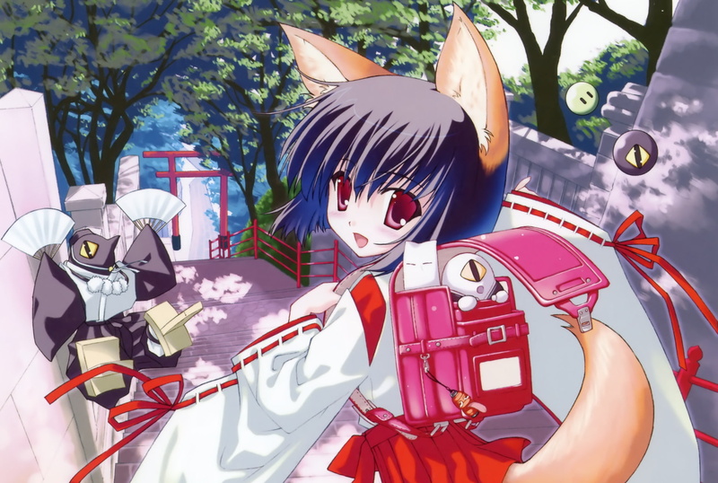 Short Hair, Red Eyes, Bag, Miko Outfit, Anime, Purple Hair, 1080P, Smile, Tail, Original