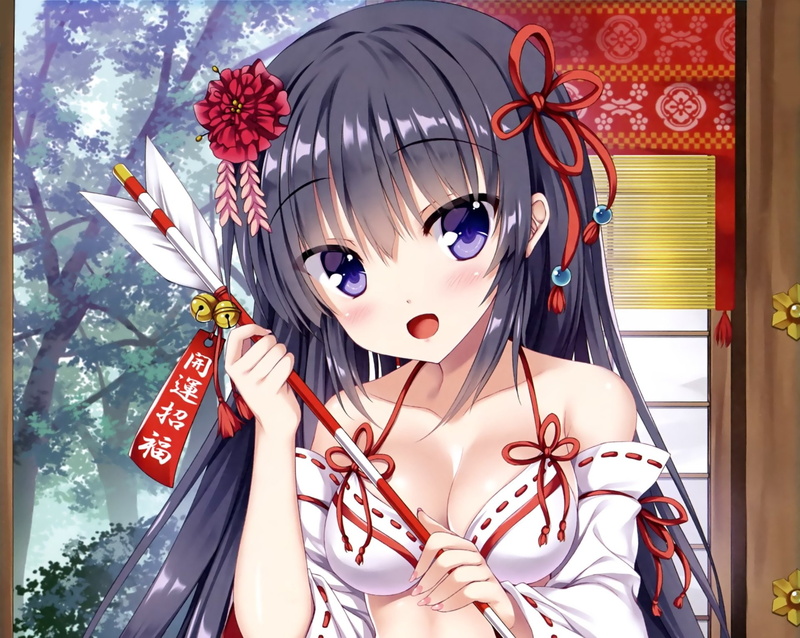 Miko Outfit, Smile, Blush, 1080P, Arrow, Long Hair, Original, Flower, Anime, Purple Eyes