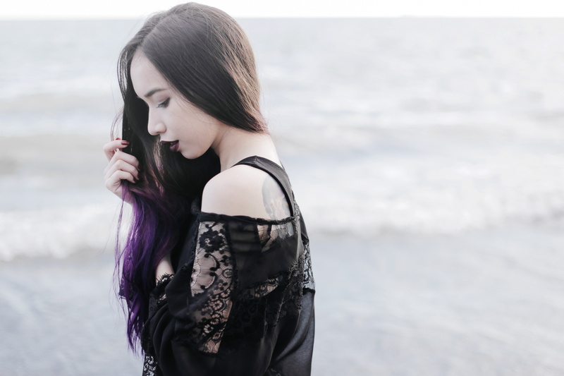 Black Outfits, Black Lipstick, Women Outdoors, photography, makeup, Purple Hair, model, fashion, lace, beach, black, 5K