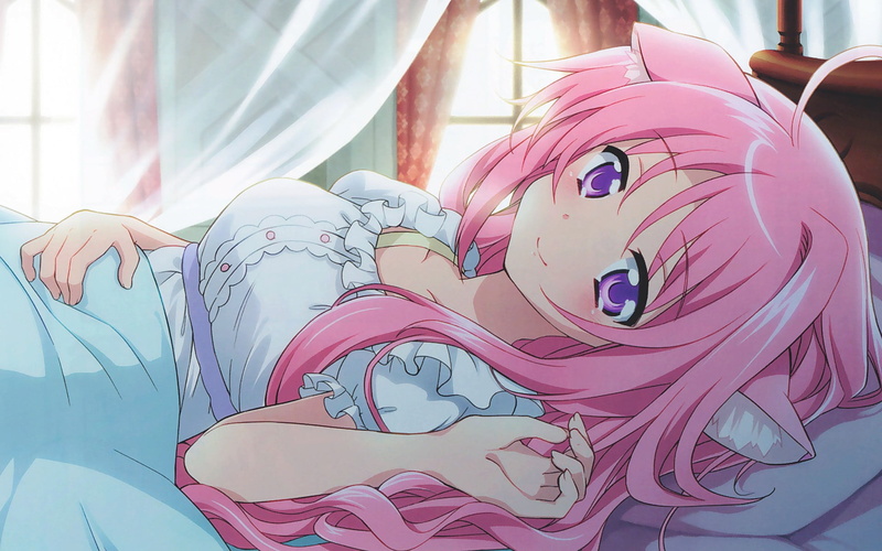 representation, pink color, toy, animal ears, Millhiore F. Biscotti, curtain, indoors, one person, art and craft, purple eyes, anime girls, pink hair, sunlight