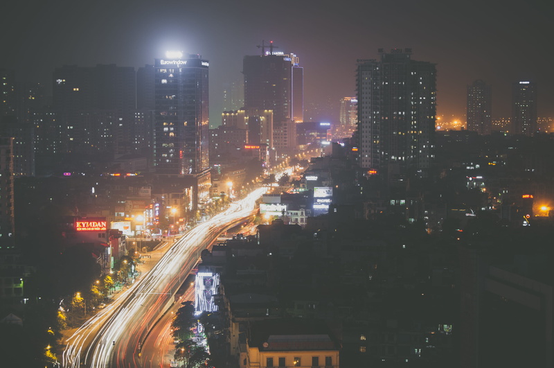 travel, architecture, cityscape, modern, hanoi, city life, night, road, busy, high angle view, hustle, office building exterior, illuminated, city, built structure