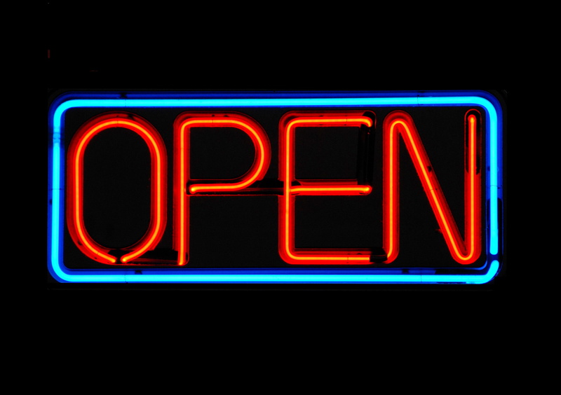 commercial sign, open sign, glowing, neon, writing, consumerism, graphic design, marketing, information sign, store, bright, retail, illuminated, sign