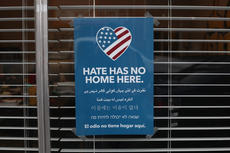 outdoors, warning sign, signalise, signage, reminder, modern, flag, no hate sign window, shape, western script, sign, blue, home, indoors, communication