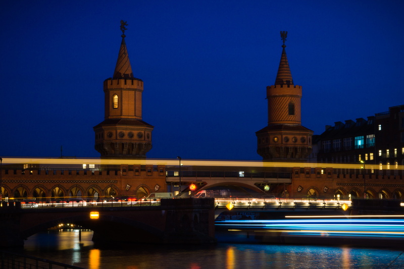 built structure, tower, dusk, building exterior, transportation, travel, motion, no people, 5K, sky, friedrichshain, city, government, illuminated, berlin