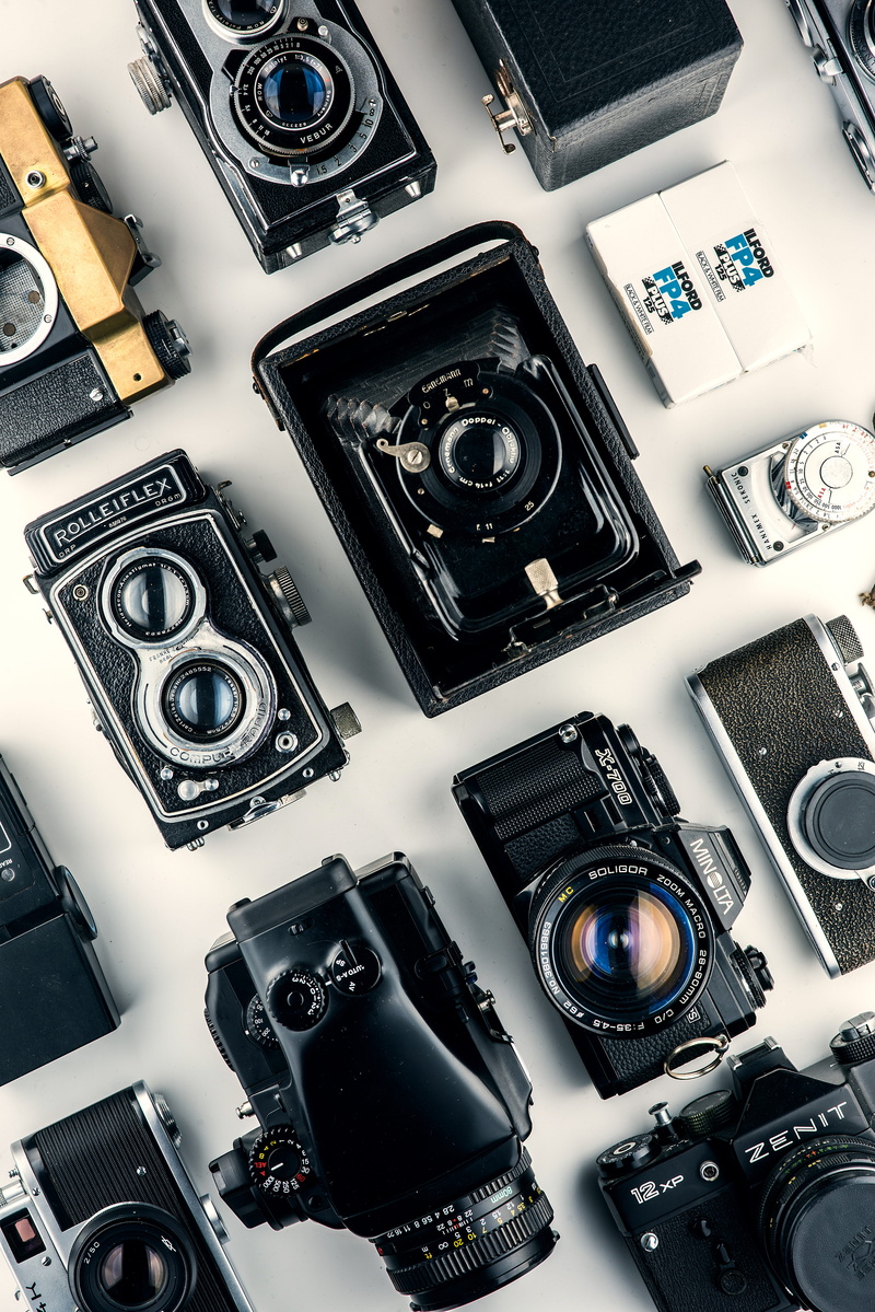 close-up, still life, flyer, lens cap, collection, camera - photographic equipment, retro styled, video camera, poster, white, wristwatch, collage, digital camera