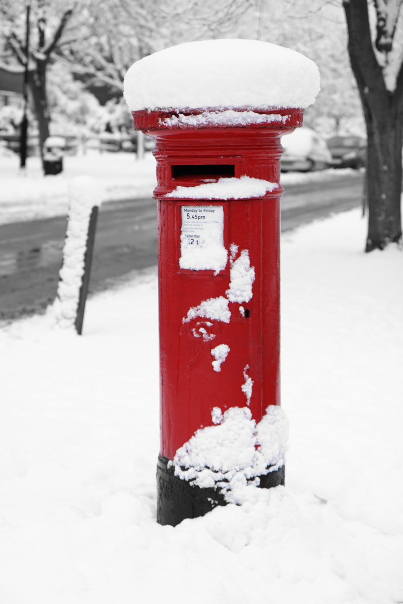 british, postbox, post, mail, red, architecture, plant, letterbox, land, cold temperature, box, snow, mailbox, frozen, tree, britain, letter, covered, close-up