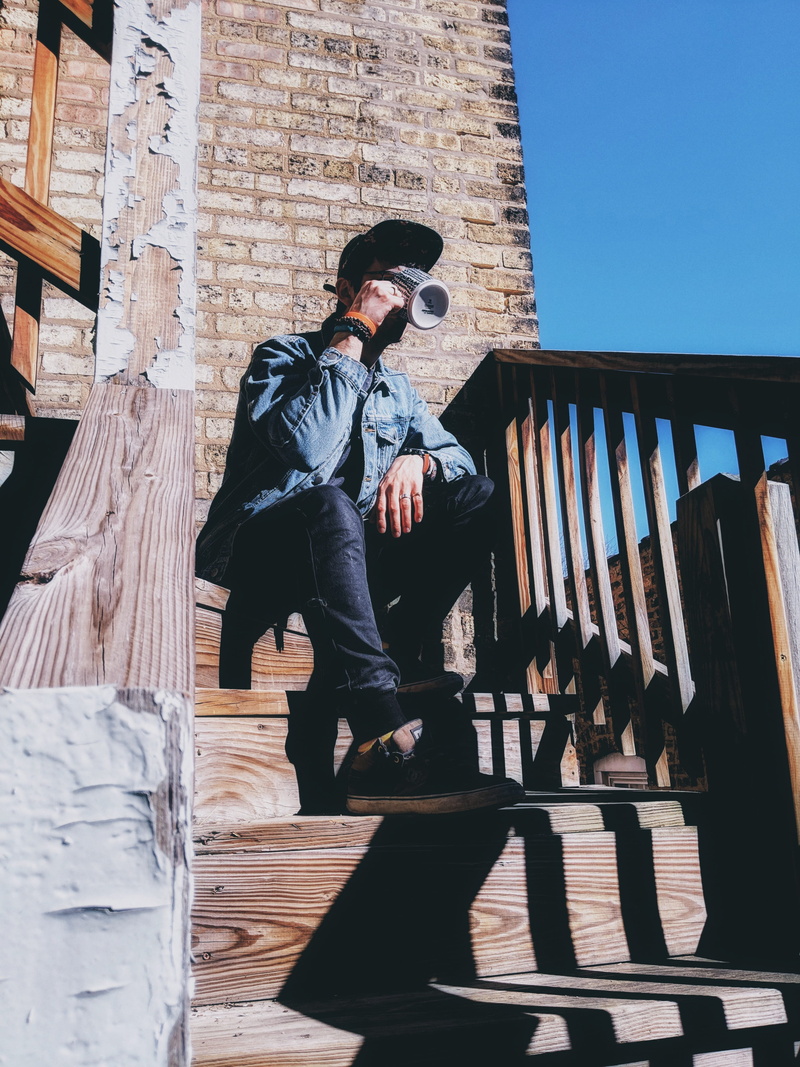 men, drinking, overcoat, stair, united states, young men, 4K, art, day, brick, collage, sunlight, architecture, chicago, banister, sitting, built structure