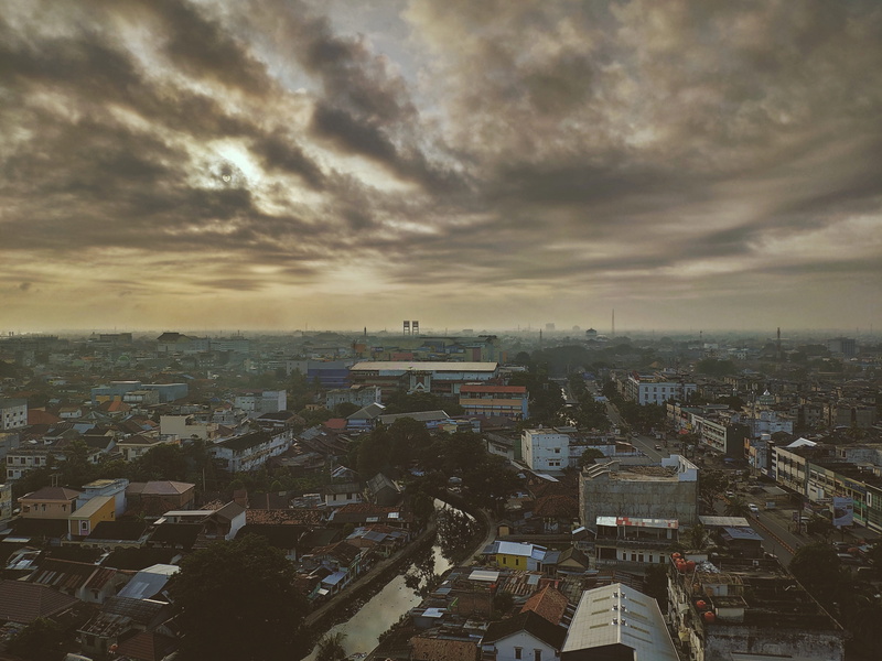 sunset, built structure, bukit kecil, skyscraper, no people, tower, metropolis, slope, steeple, landscape, building, urban, aerial view, indonesia, sky
