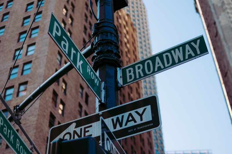 street name sign, nyc, western script, metropolis, information, built structure, signage, symbol, road, architecture, low, urban, high rise, directional sign