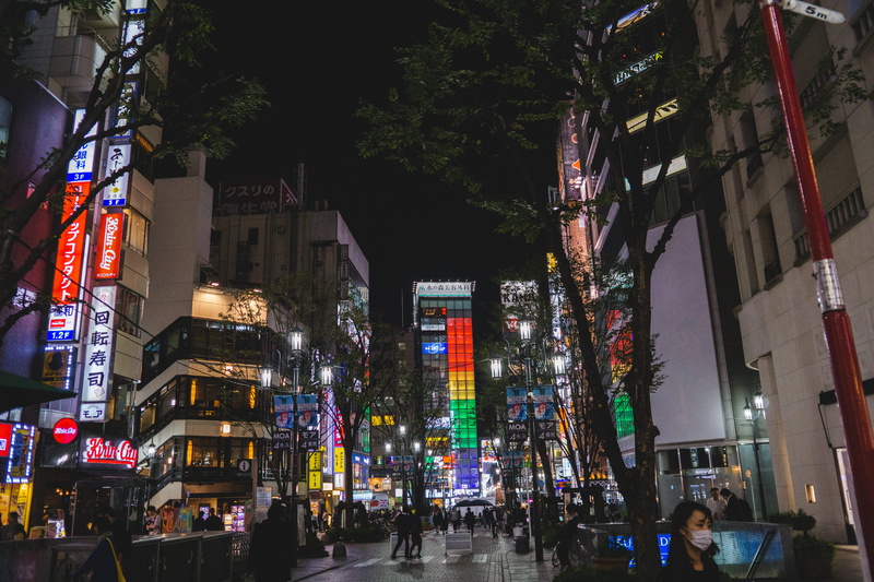 japan, plaza, group of people, downtown, large group of people, tokyo, town, urban, night, shinjuku, plant, metropolis, tree, office building, town square