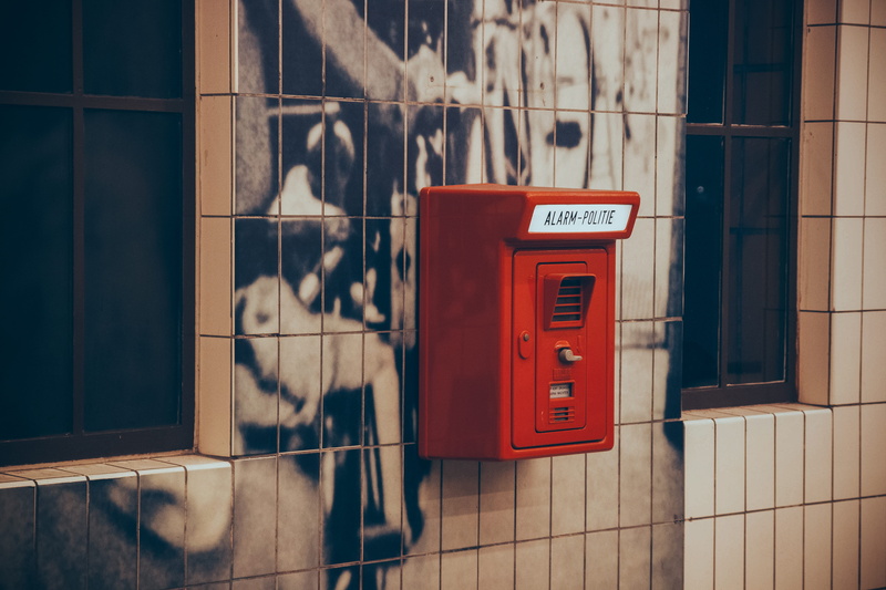 pets, town, animal themes, urban, red, tiles, focus on foreground, brick, no people, pay phone, alarm, built structure, mammal, outdoors, architecture