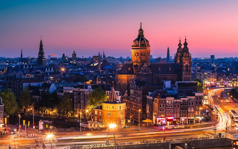 1080P, street light, road, Amsterdam, Netherlands, building, lights, sunset, cityscape, city