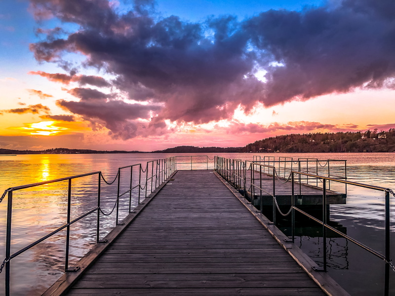 architecture, outdoors, port, pier, town, wooden, jetty, sunset, metropolis, handrail, dawn, nature, sea, the way forward, trees, 4K, sky, cloud - sky