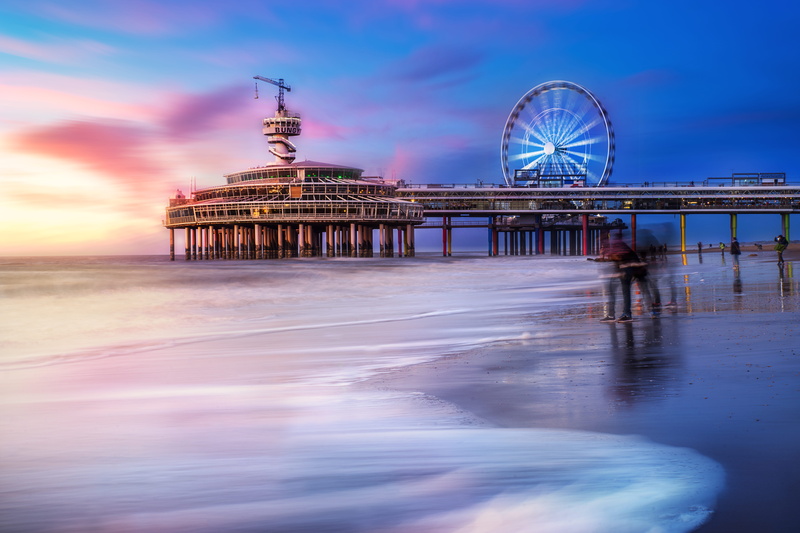 motion, lines, amusement park, human, people, lapse, reflection, waterfront, sky, outdoors, sea, pier, person, architecture, nederlands, ferris wheel, travel destinations