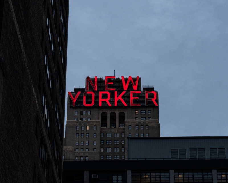 red sign, light, skyscraper, town, new yorker, western script, usa, architecture, new, 2K, office building, window, building exterior, low angle view