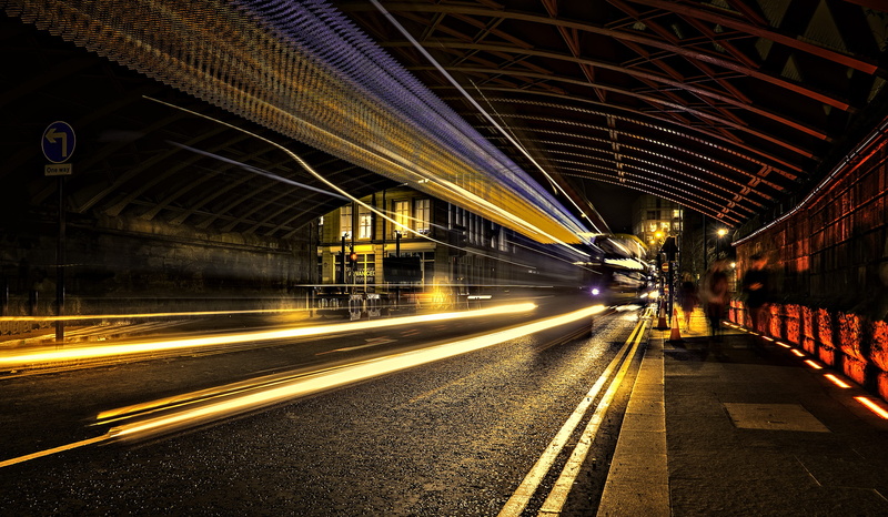 architecture, dark, light trail, long exposure, city, bridge, lighting equipment, motion, blurred motion, diminishing perspective, lapse, highway, road