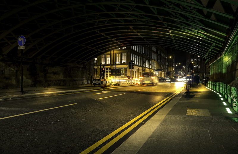 arch, road, highway, symbol, transportation, buildings, tunnel, road marking, modern, urban, no people, light, architecture, outdoors, car lights, long exposure