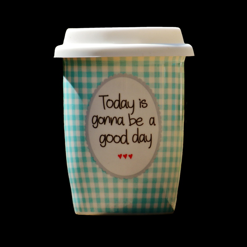 cheerful, indoors, capital letter, emotion, good mood, coffee, joy, western script, plaid, laugh, food and drink, heart shape, happy, beginning, pattern